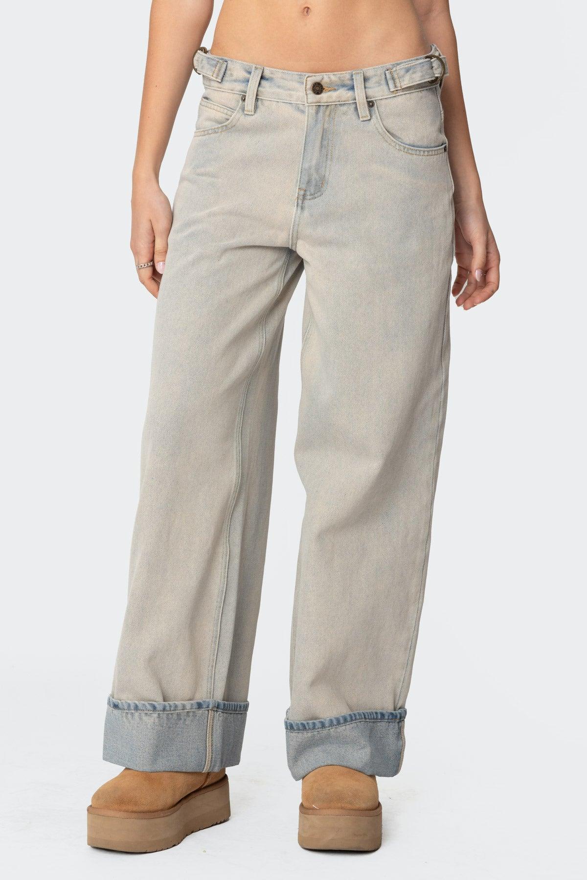 Double Belt Washed Low Rise Jeans Product Image