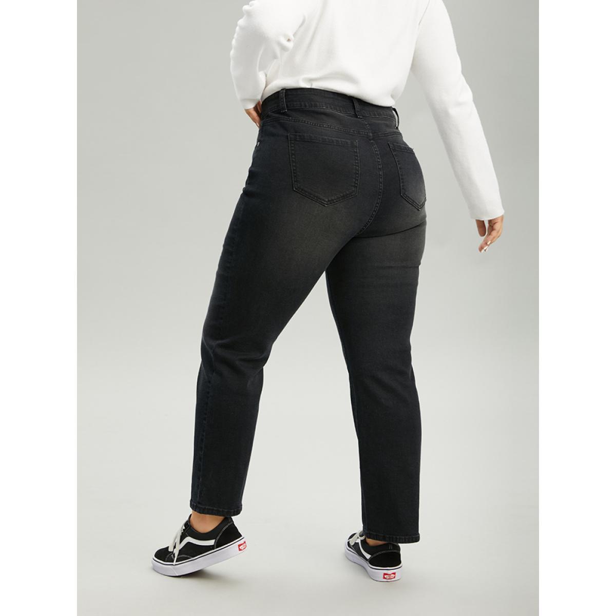 Plus Size Vintage Black Wash Straight Leg Jeans Women Black Casual Plain Plain High stretch Pocket Jeans BloomChic 26/4X Product Image