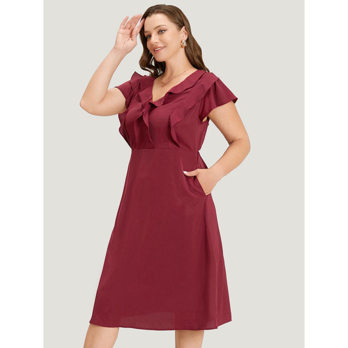 Plus Size Plain Ruffle Trim Pocket Cap Sleeve Midi Dress Scarlet Women Office Plain V-neck Sleeveless Curvy Midi Dress BloomChic 30/6X Product Image