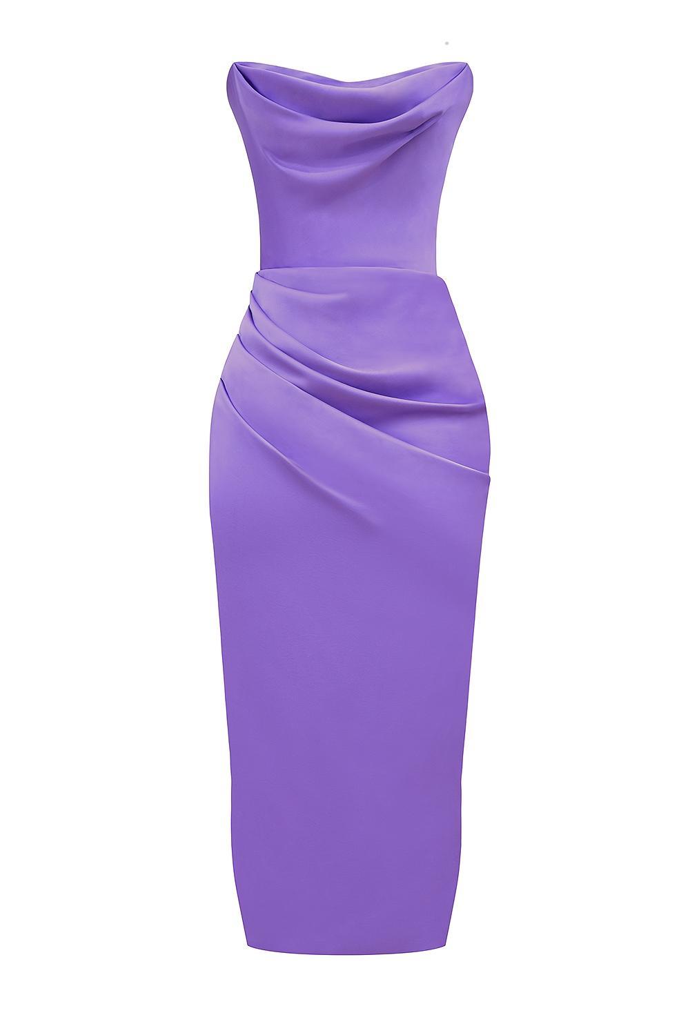 Santana Violet Satin Strapless Corset Midi Dress Product Image