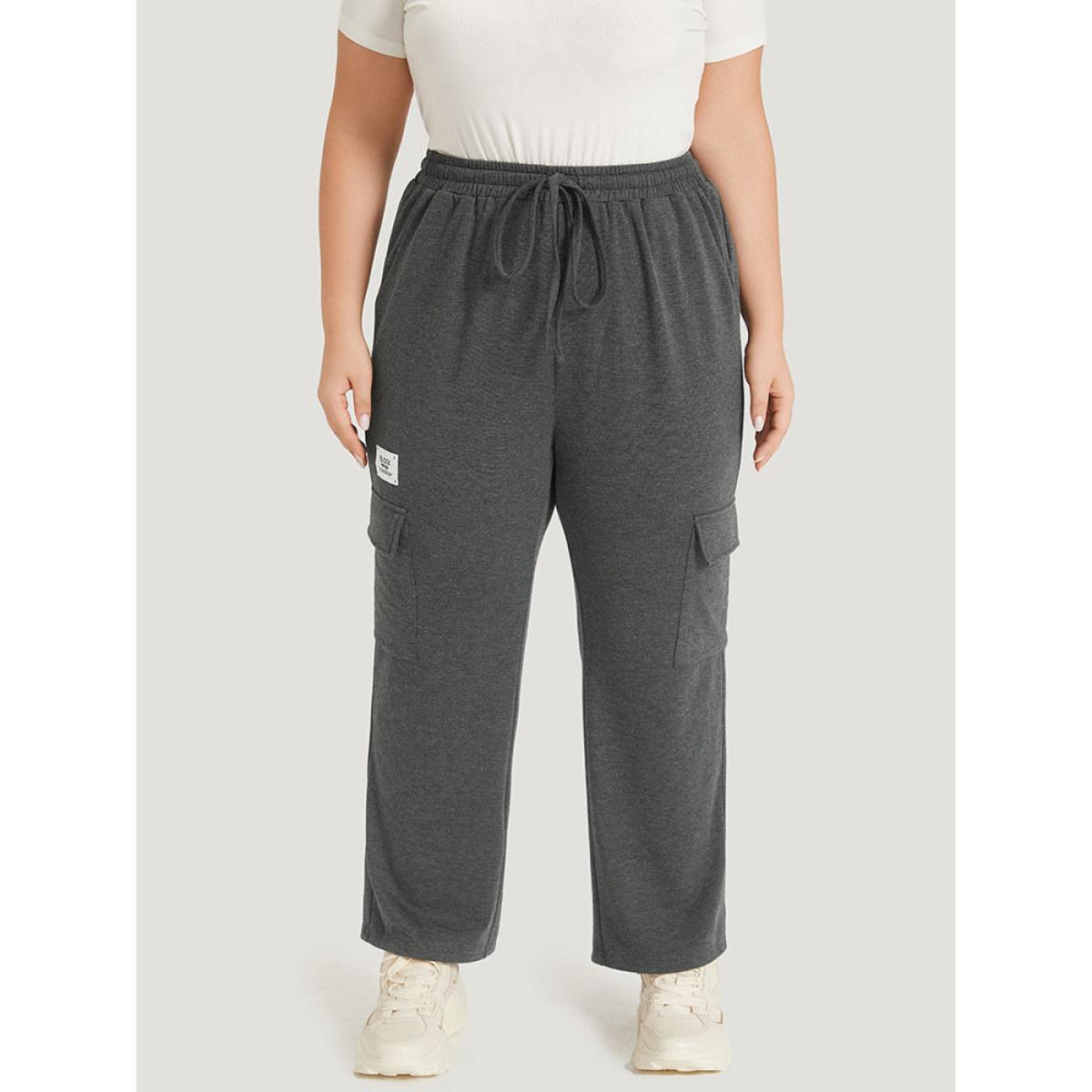 Letter Patched Flap Pocket Bowknot Elastic Waist Sweatpants DimGray Plus Size Women Casual Dailywear Plain 10/M Bloomchic Product Image