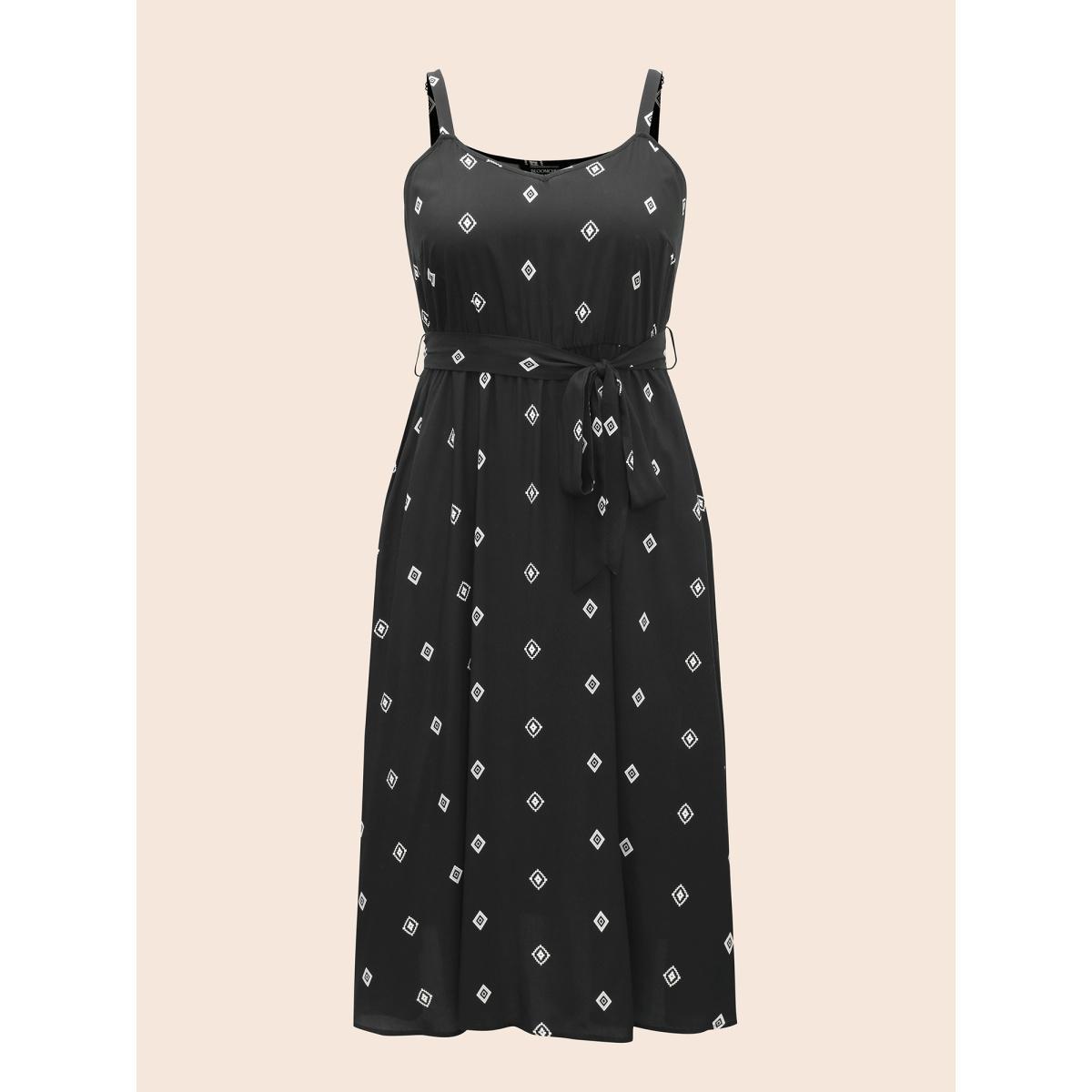 Plus Size Cami Printed A-line Midi Dress Black Women Resort Belted V-neck Sleeveless Curvy BloomChic 12/L Product Image