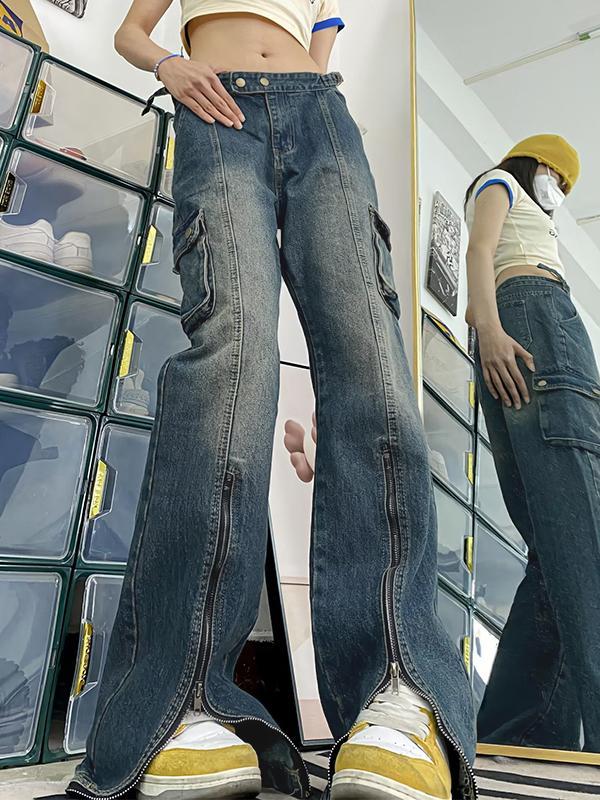 Vintage Wash Multi Pocket Zip Up Cargo Jeans Product Image