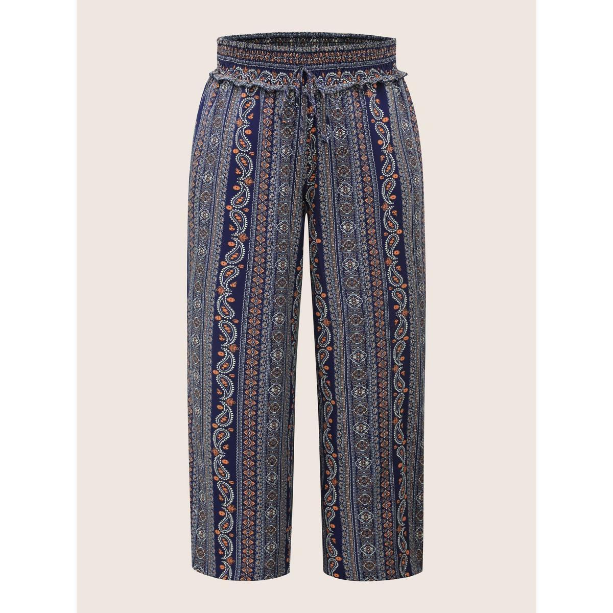 Plus Size Bandana Print Frill Trim Drawstring Pants Women Indigo Casual Wide Leg Mid Rise Everyday Pants BloomChic 28/5X Product Image
