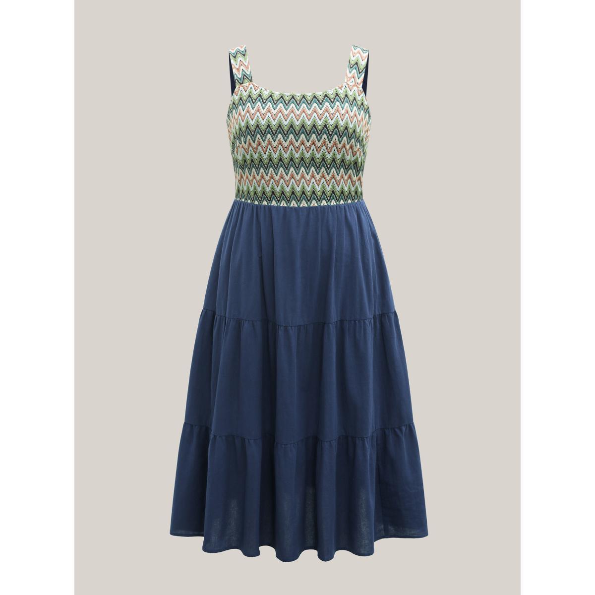 Plus Size Cotton Crochet Stretchy Waist Pockets Midi Dress Navy Women Square Neck Sleeveless Curvy BloomChic 28/5X Product Image
