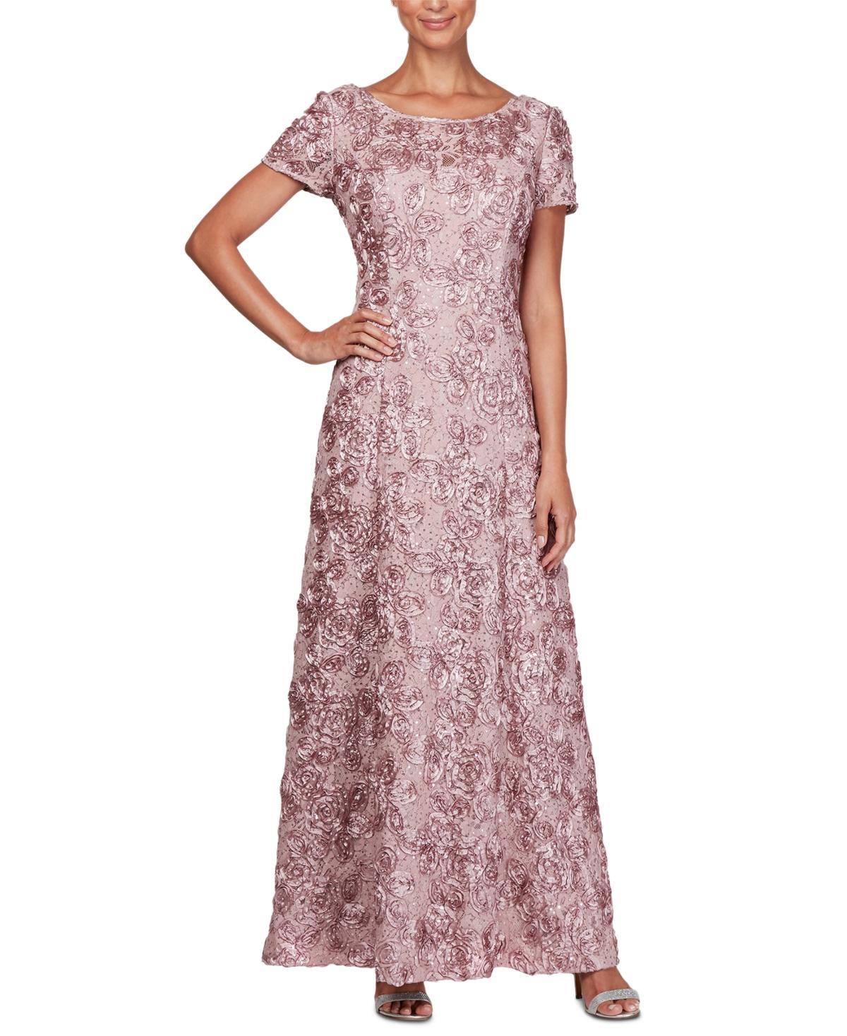 Alex Evenings Sequin Floral Lace Ribbon Rosette Round Neck Short Sleeve Gown Product Image