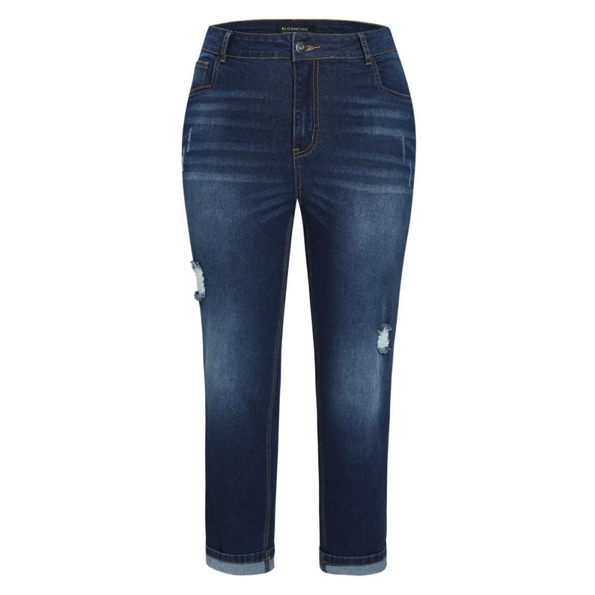 Plus Size Ripped Roll Hem Pocket Very Stretchy Jeans Women Indigo Casual Plain Plain High stretch Jeans BloomChic 10/M Product Image