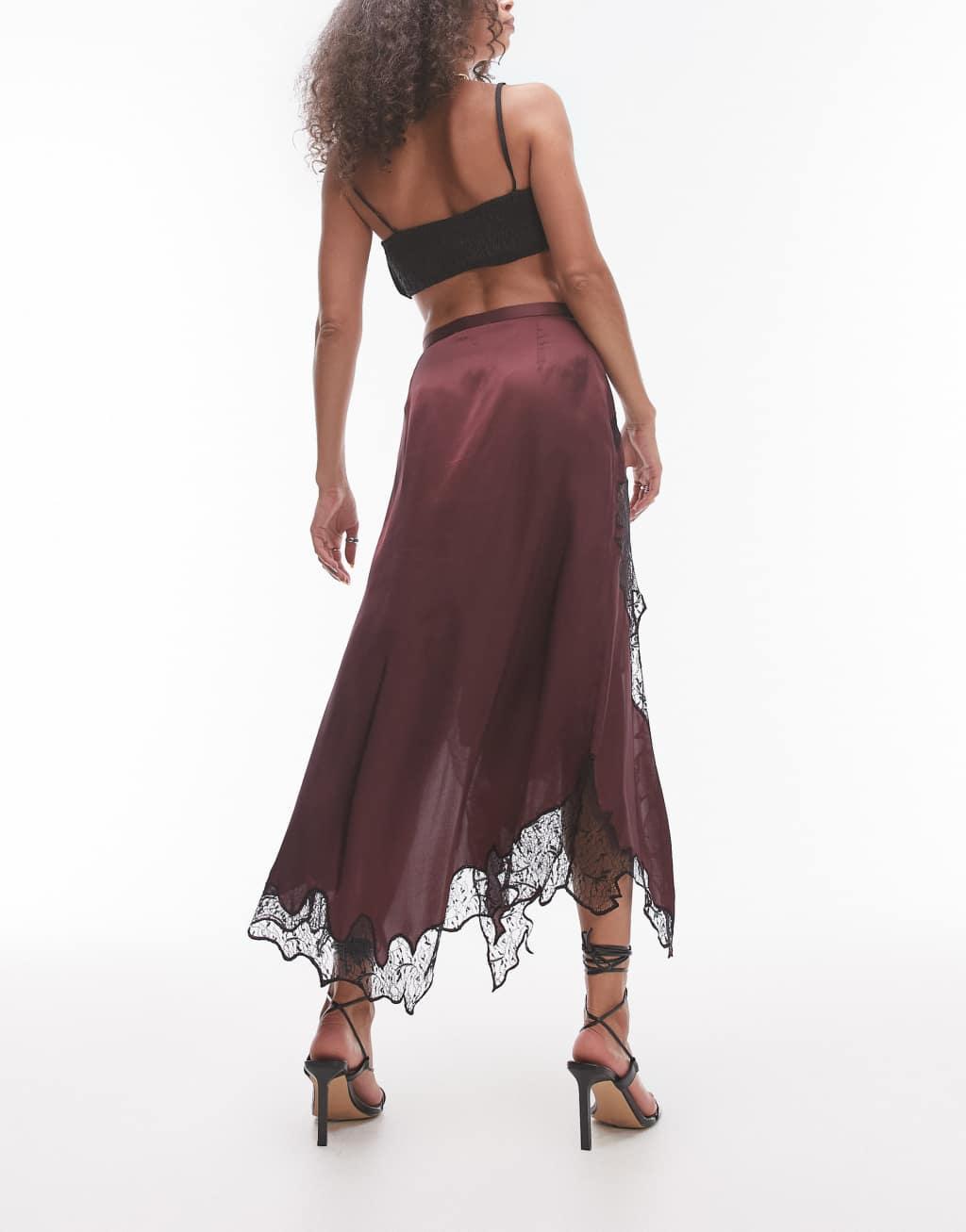 Topshop satin and lace maxi skirt burgundy with black lace Product Image