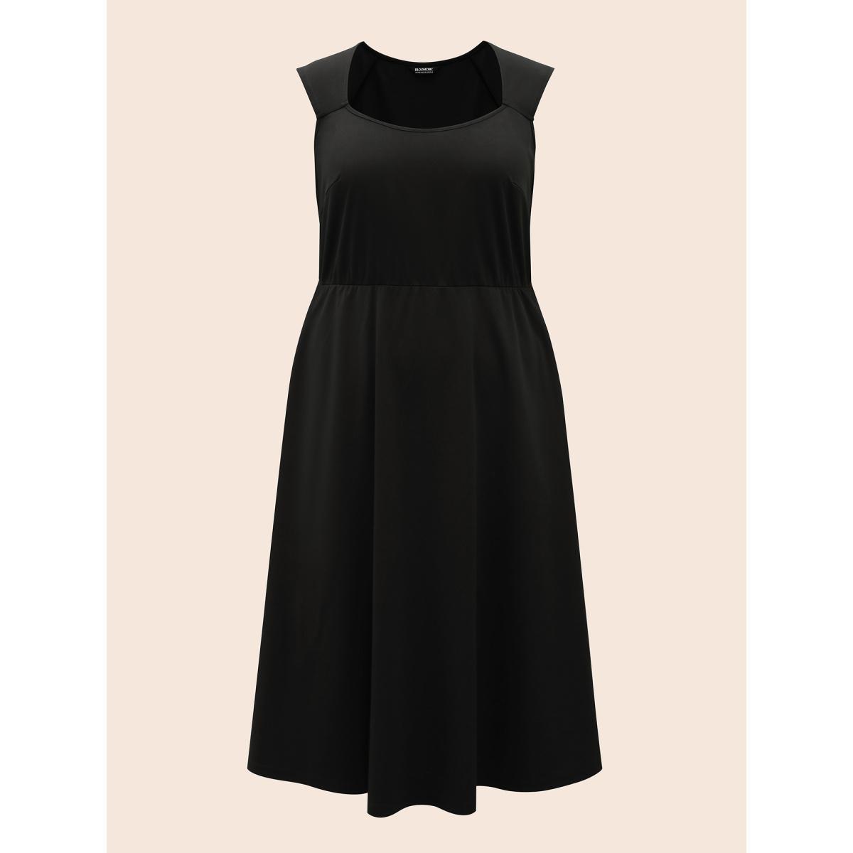 Plus Size Plain Elastic Waist Midi Tank Dress Black Women Elegant Non Square Neck Sleeveless Curvy BloomChic 26/4X Product Image