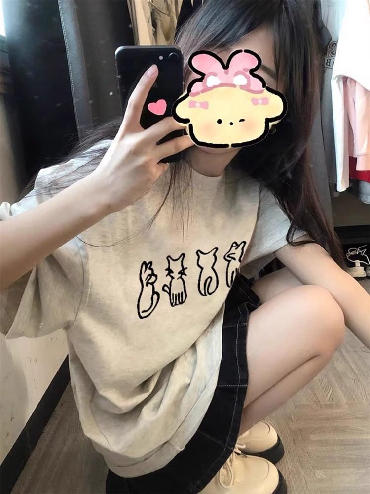 Short Sleeve Crew Neck Cat Print Oversized T-Shirt Product Image