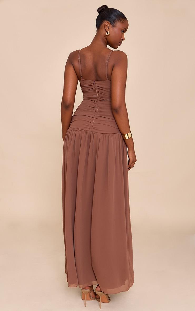 Chocolate Chiffon Ruched Dropped Waist Maxi Dress Product Image