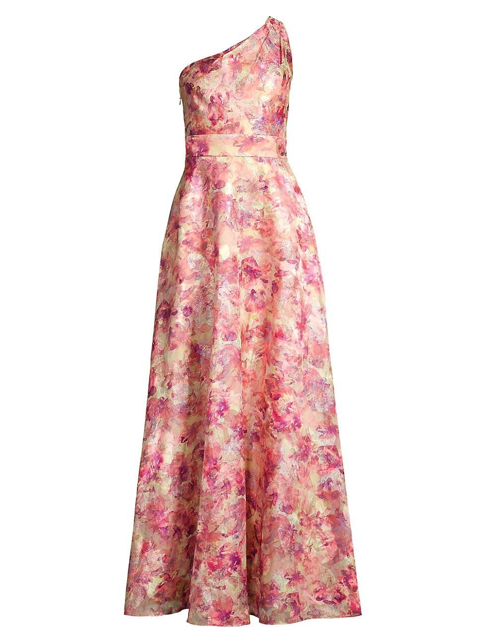 Aidan Mattox Floral Printed Metallic Jacquard One Shoulder Ball Gown Product Image