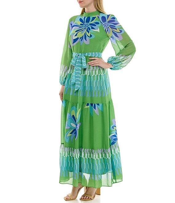 Moda Tara Chiffon Long Sleeve Mock Neck Floral Placement Print A-Line Maxi Dress Product Image