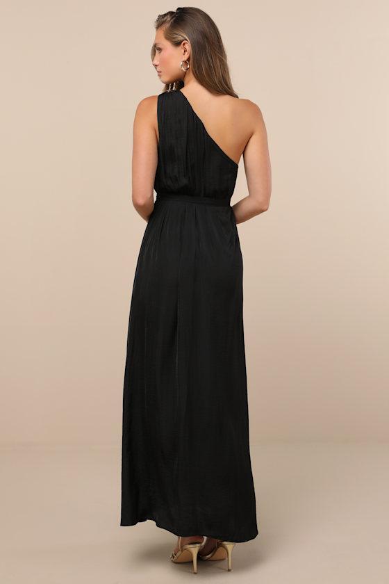 Goddess Aura Black Satin One-Shoulder Maxi Dress Product Image