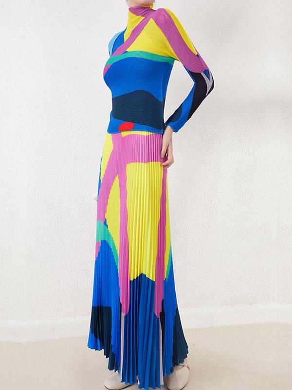 A-Line Loose Contrast Color Pleated Skirts Bottoms Product Image