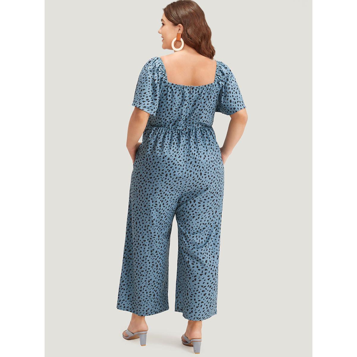 Plus Size DarkBlue Leopard Print Square Neck Shirred Flutter Sleeve Jumpsuit Women Elegant Short sleeve Square Neck Dailywear Loose Jumpsuits BloomChic 22-24/3X Product Image