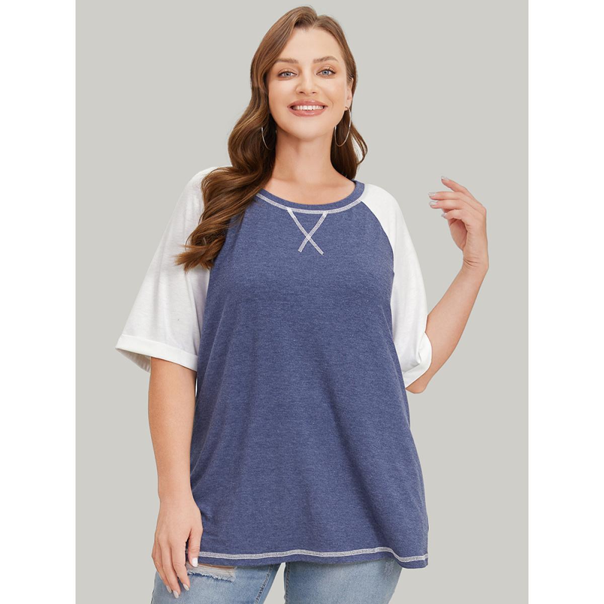 Plus Size Supersoft Essentials Two Tone Stitch Roll Raglan Sleeve T-shirt DarkBlue Women Casual Contrast Colorblock Round Neck Dailywear T-shirts BloomChic 14-16/1X Product Image