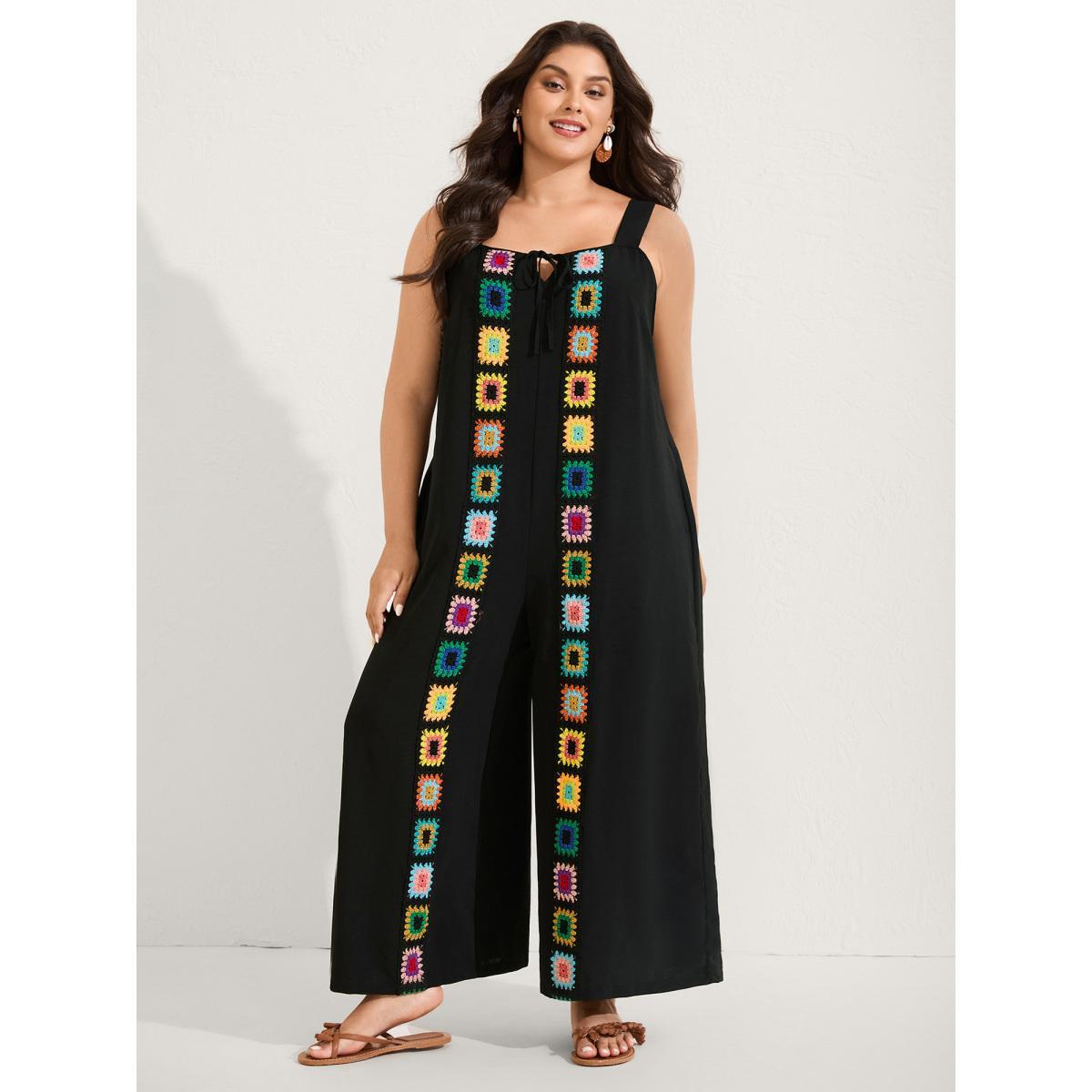 Plus Size Black Crochet Floral Backless Neck Cut-Out Jumpsuit Women Sleeveless V-neck Vacation Loose Jumpsuits BloomChic 12/L Product Image