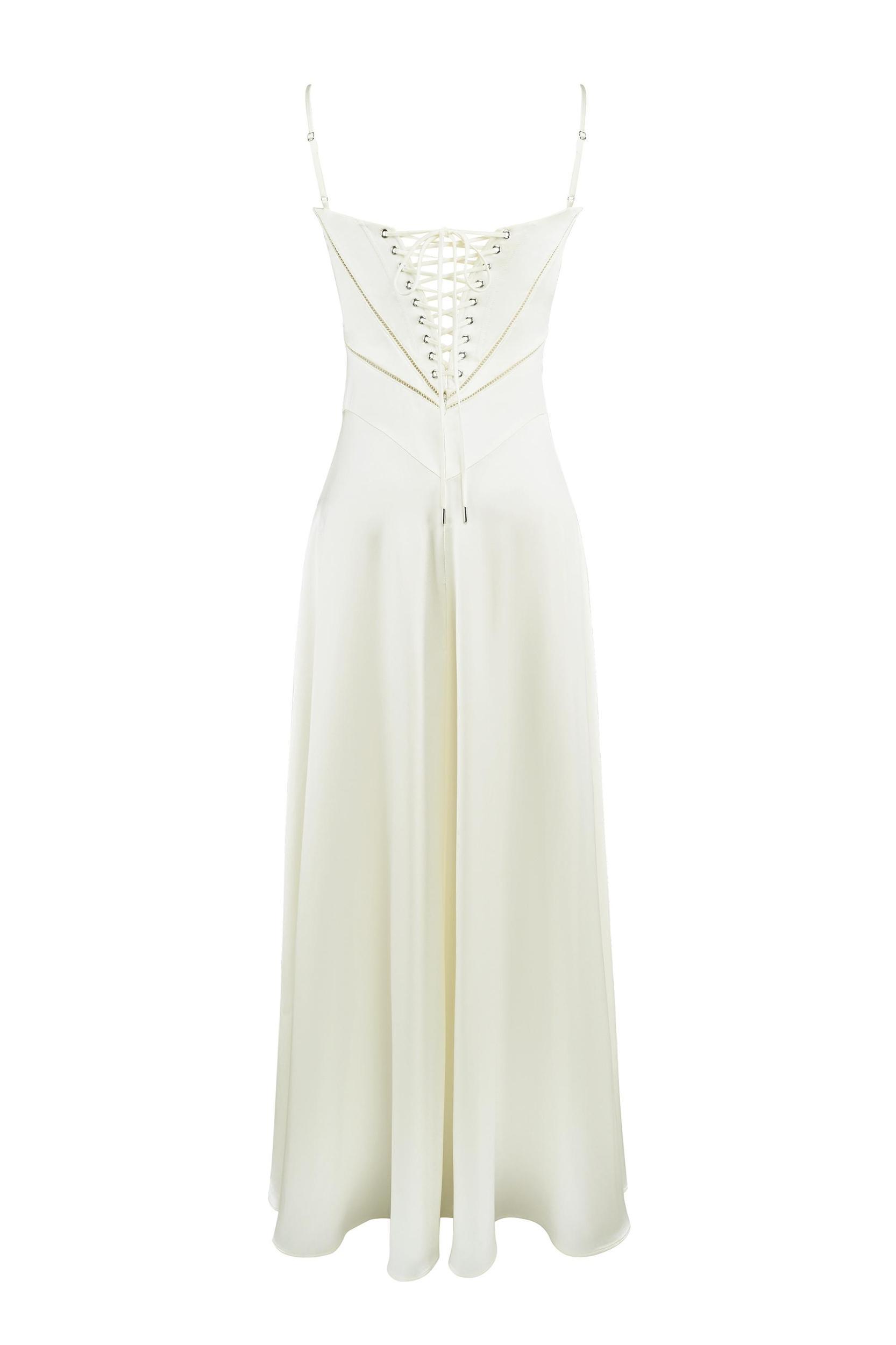 Anabella Ivory Satin Lace Up Maxi Dress Product Image