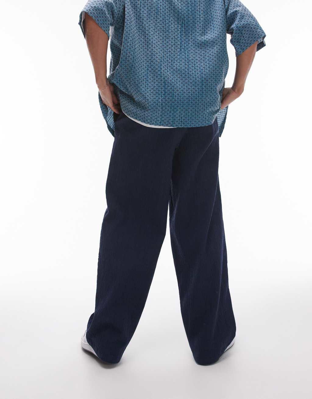 Topman wide leg textured pants in navy Product Image
