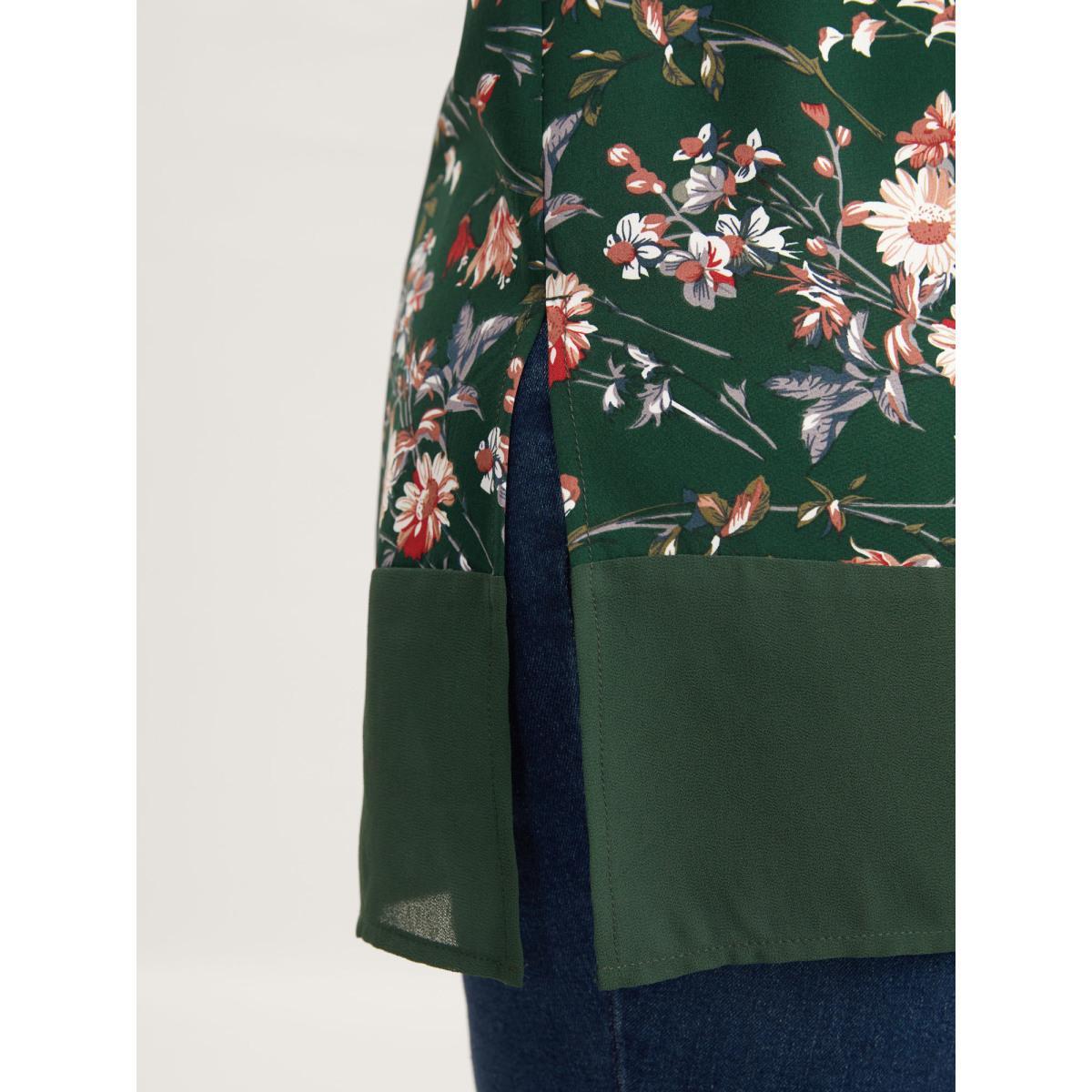 Plus Size DarkGreen Garden Print Spliced V-Neck Blouse Women Elegant Short sleeve V-neck Everyday Blouses BloomChic 18-20/2X Product Image