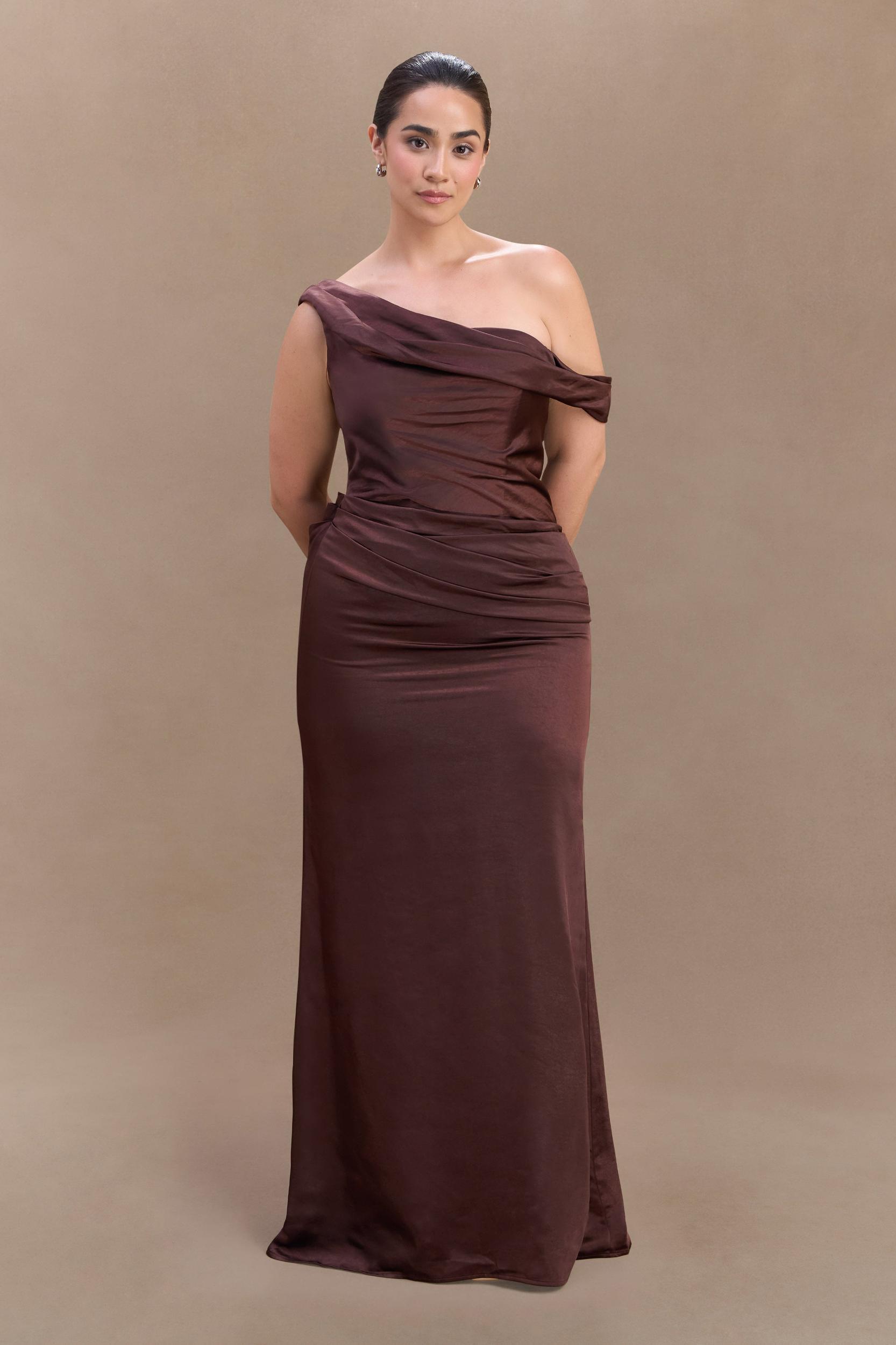 Dalia Off Shoulder Satin Maxi Dress - Dark Chocolate Product Image