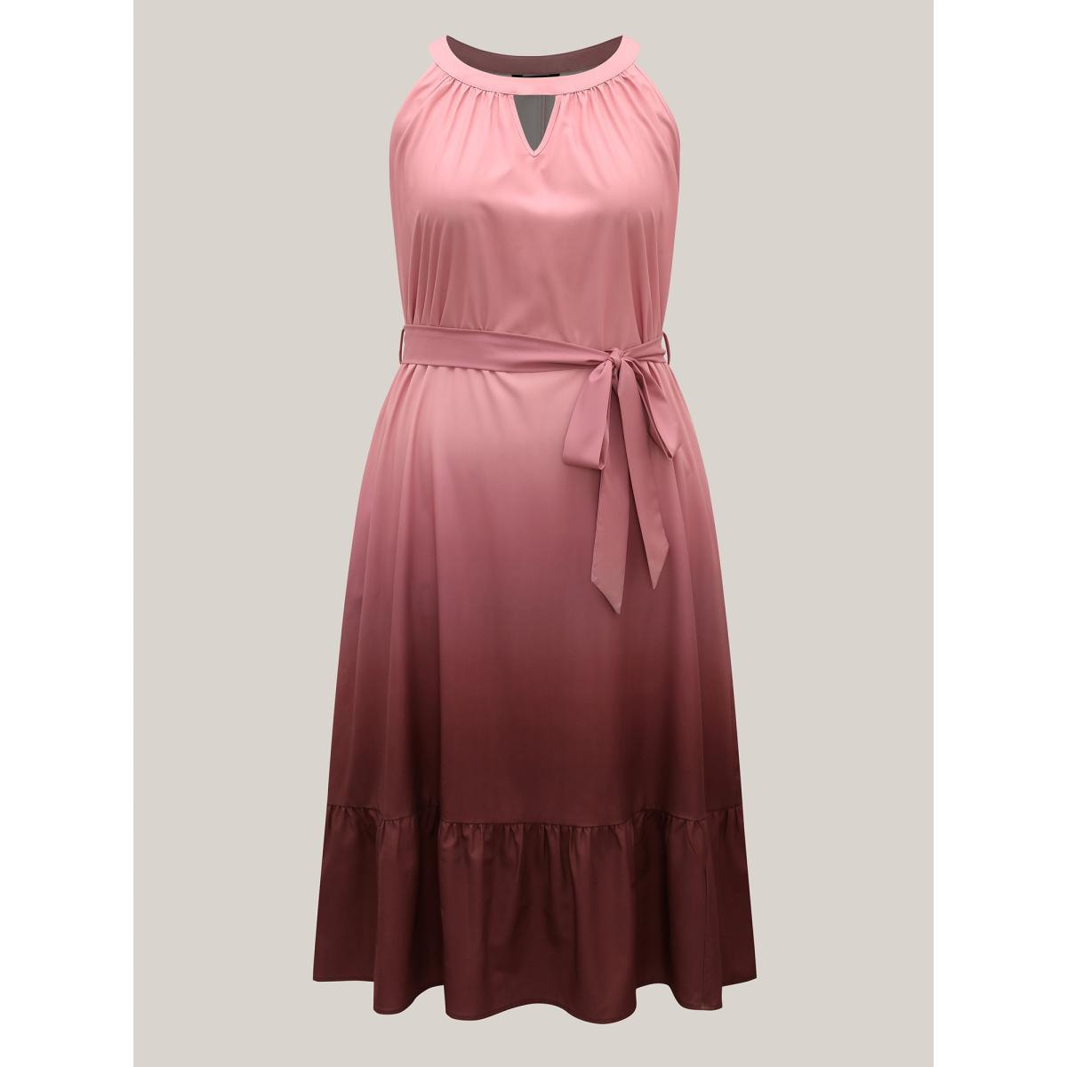 Plus Size Ombre Gradient Waist-Tie Pockets Midi Dress Plum Women Resort Gathered Round Neck Sleeveless Curvy BloomChic 18-20/2X Product Image
