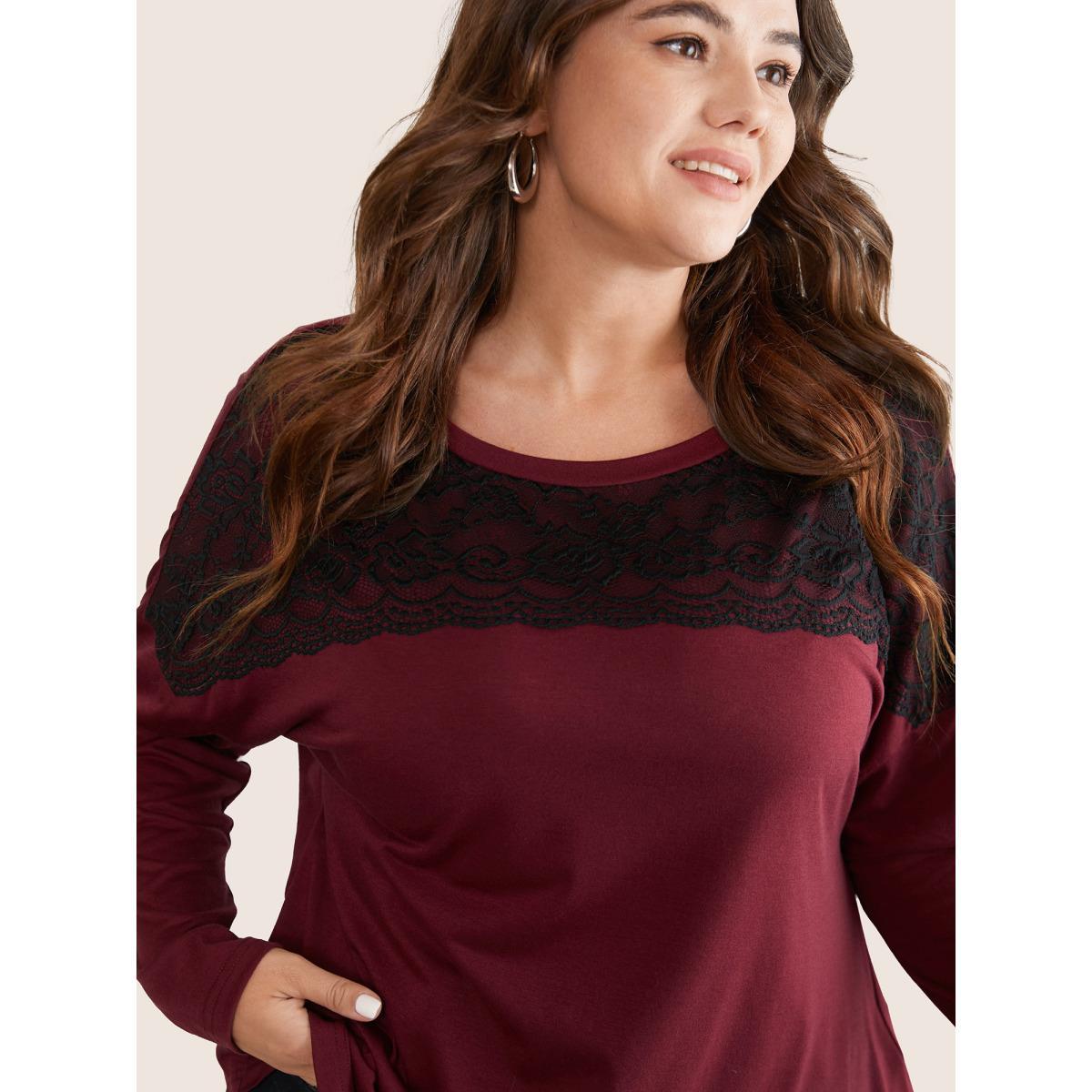 Plus Size Contrast Lace Panel Drop Shoulder T-shirt Burgundy Women Elegant Contrast Plain Round Neck Dailywear T-shirts BloomChic 22-24/3X Product Image