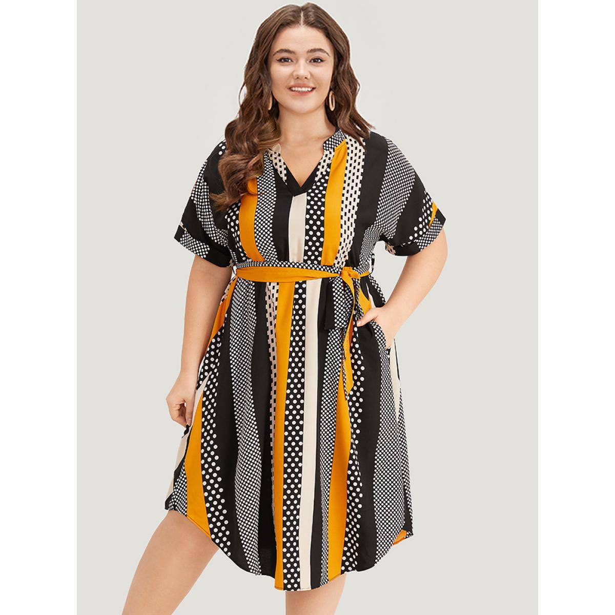 Plus Size Polka Dot Patchwork Striped Belted Notched Dress Orange Women Office Contrast Notched collar Short sleeve Curvy Midi Dress BloomChic 28/5X Product Image