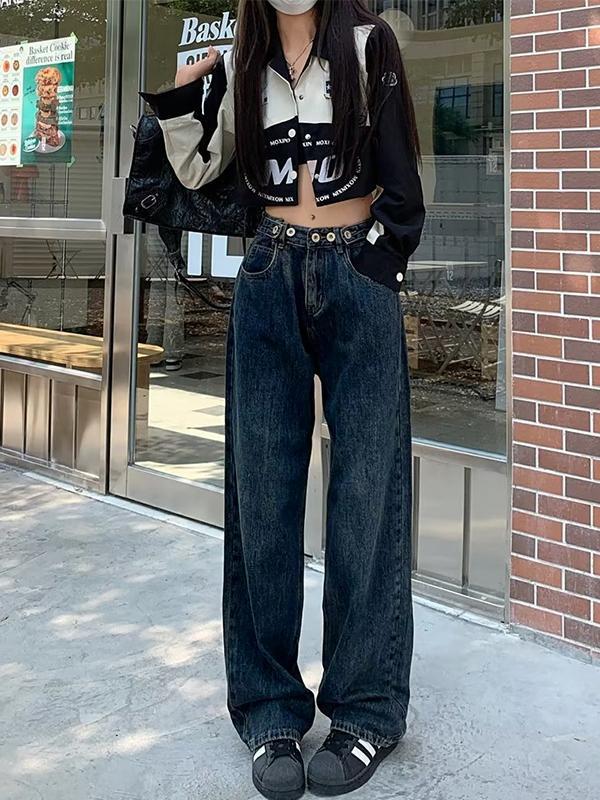 Washed Dark Blue Eyelet Decor High Waist Boyfriend Jeans Product Image