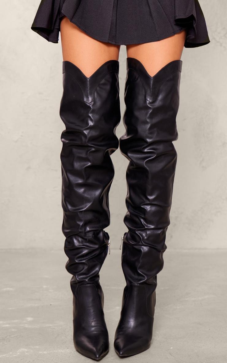Black PU Point Toe Western Style High Heeled Over The Knee Boots Product Image