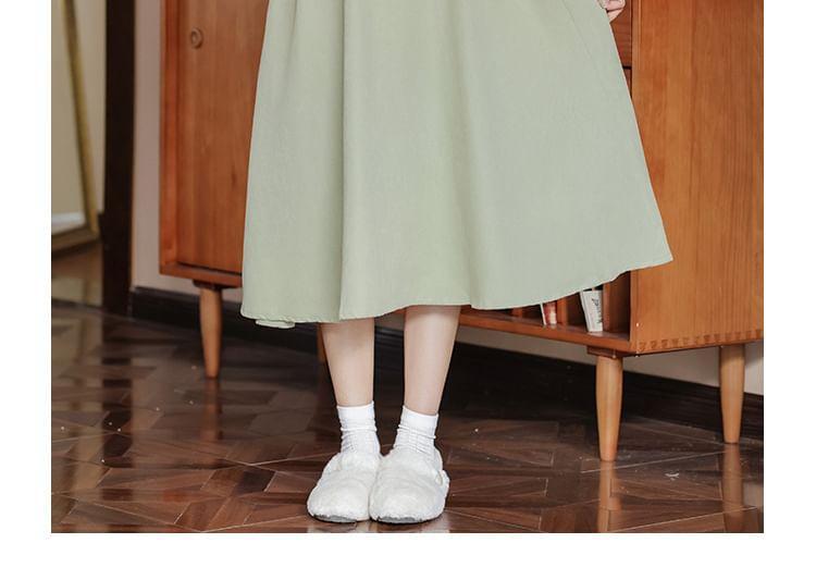 Mock Two-Piece Puff-Sleeve Stand Collar Rabbit Embroidered Midi Dress Product Image