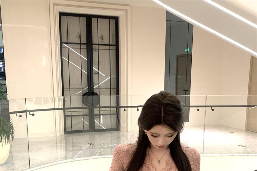 Long Sleeve V-Neck Plain Lace Bodycon Mini Dress Product Image