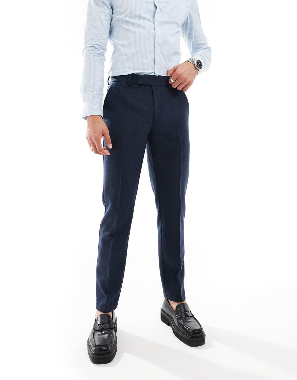 ASOS DESIGN slim wool blend suit pants in navy basketweave Product Image