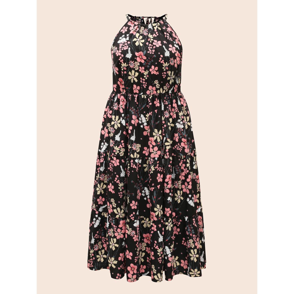 Plus Size Floral Halter Neck Ruffle Hem Dress Black Women Elegant Gathered Halter neck Sleeveless Curvy BloomChic 30/6X Product Image