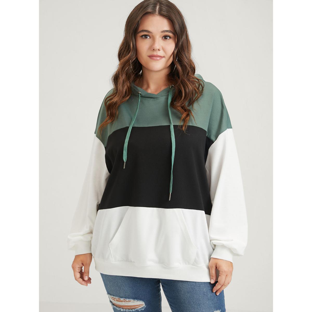 Plus Size Colorblock Contrast Drawstring Pocket Hooded Drop Shoulder Sweatshirt Women Multicolor Casual Contrast Hooded Dailywear Sweatshirts BloomChic 12/L Product Image