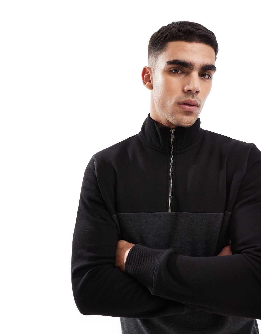 French Connection color block half zip sweatshirt in black and gray Product Image