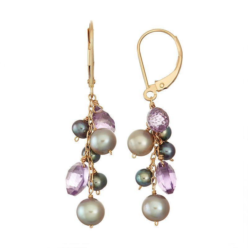 14k Gold Amethyst & Dyed Freshwater Cultured Pearl Cluster Drop Earrings, Women's, Multicolor Product Image