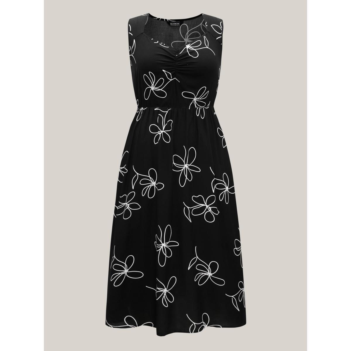 Plus Size Rayon Floral Stretchy Waist Midi Dress BlackFlower Women Heart neckline Sleeveless Curvy BloomChic 10/M Product Image