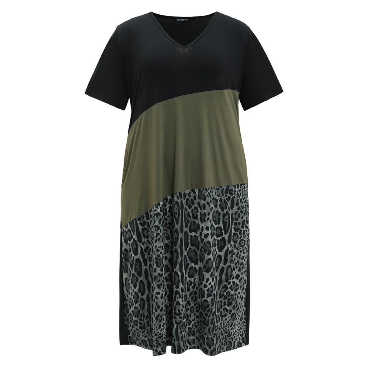 Plus Size Supersoft Essentials Leopard Patchwork Contrast Pocket Split Hem Dress Black Women Casual Patchwork V-neck Short sleeve Curvy Midi Dress BloomChic 30/6X Product Image