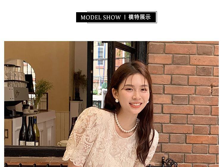Short-Sleeve Round Neck Floral Embroidered Midi Sheath Dress Product Image