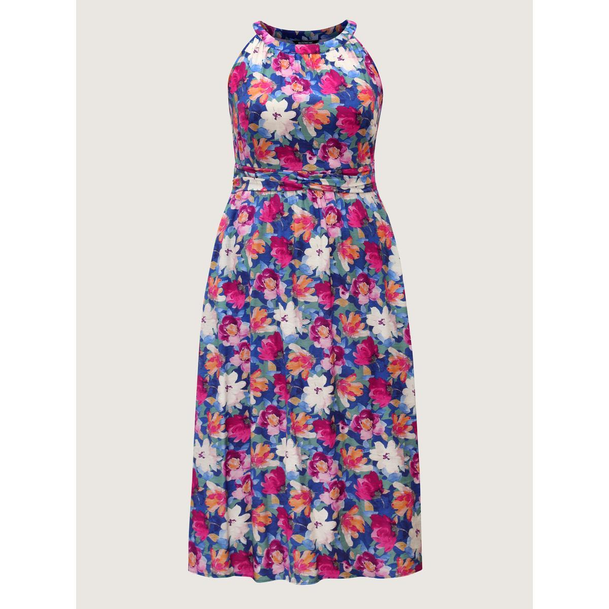 Plus Size Color Block Floral Shirred Waist Midi Dress Multicolor Women Round Neck Sleeveless Curvy BloomChic 14-16/1X Product Image