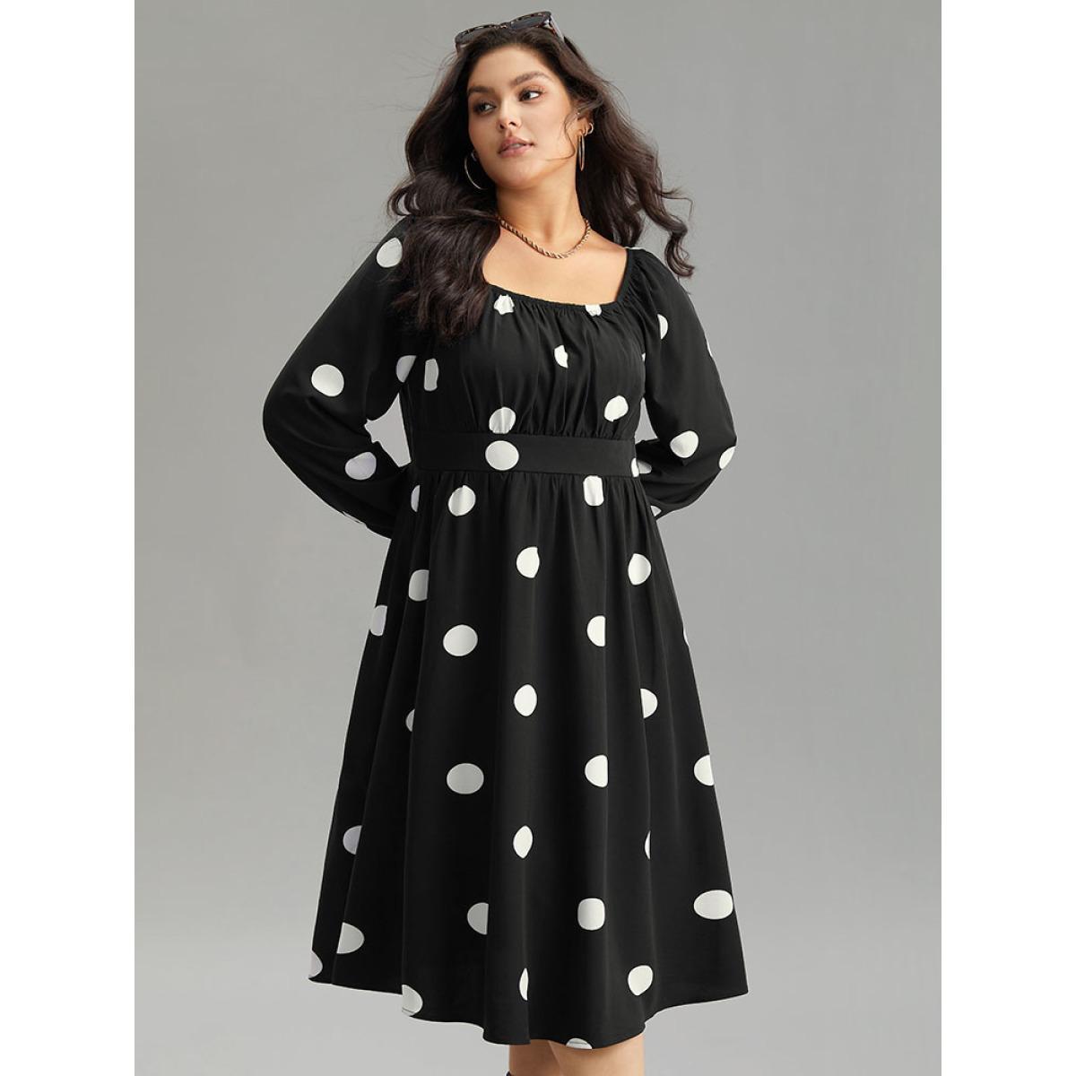 Plus Size Polka Dot Square Neck Gathered Elastic Cuffs Dress Black Women Elegant Elastic cuffs Square Neck Long Sleeve Curvy Midi Dress BloomChic 12/L Product Image
