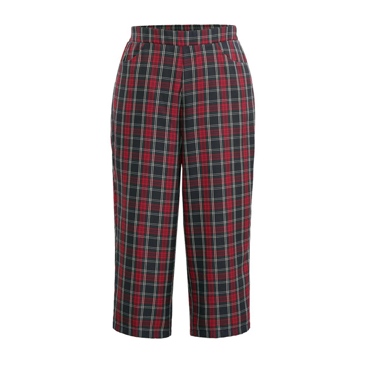 Plus Size Plaid Elastic Waist Pocket Straight Leg Pants Women Multicolor Elegant Straight Leg High Rise Festival-Christmas Pants BloomChic 18-20/2X Product Image