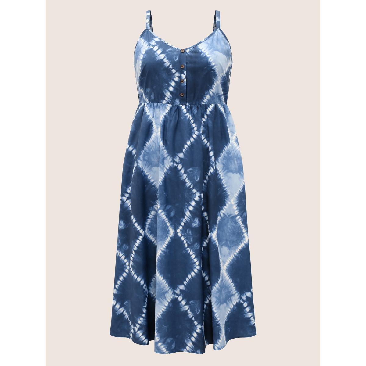 Plus Size Tie Dye Button Detail Cami Dress DarkBlue Women Casual Non Sleeveless Curvy Midi Dress BloomChic 14-16/1X Product Image