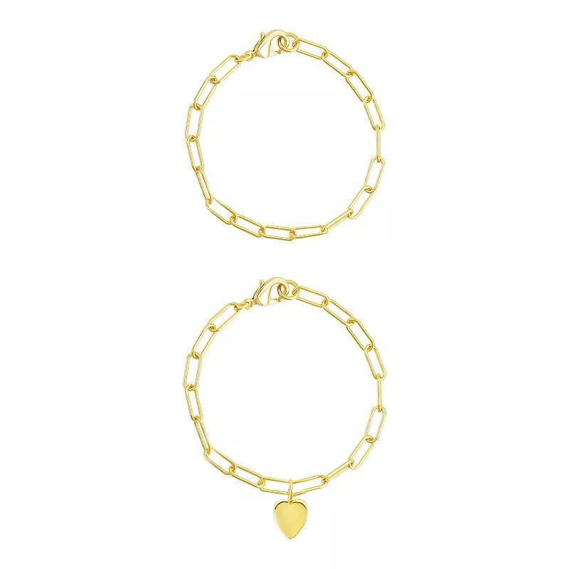 Adornia 14k Gold Plated Heart Paper Clip Chain Duo Set, Women's, Size: 7", Gold Tone Product Image