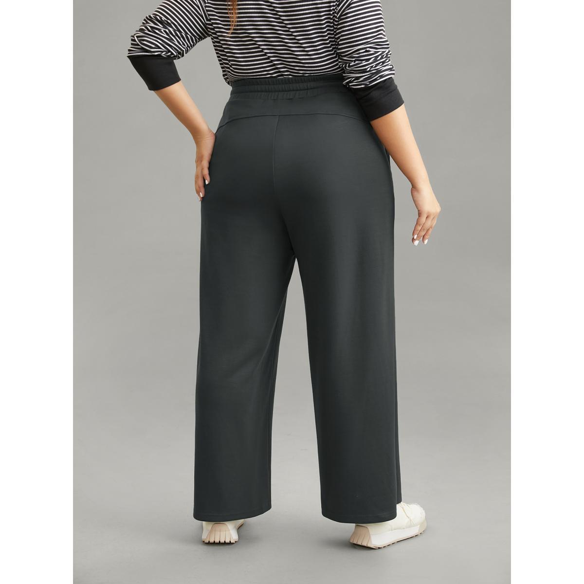 Plus Size Plain Wideband Waist Drawstring Pants Women DimGray Casual Straight Leg Mid Rise Dailywear Pants BloomChic 22-24/3X Product Image