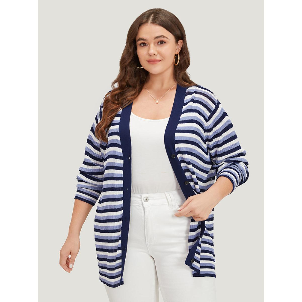 Plus Size Contrast Striped Rib Knit Button Through Cardigan Indigo Women Casual Loose Long Sleeve Dailywear Cardigans BloomChic 14-16/1X Product Image