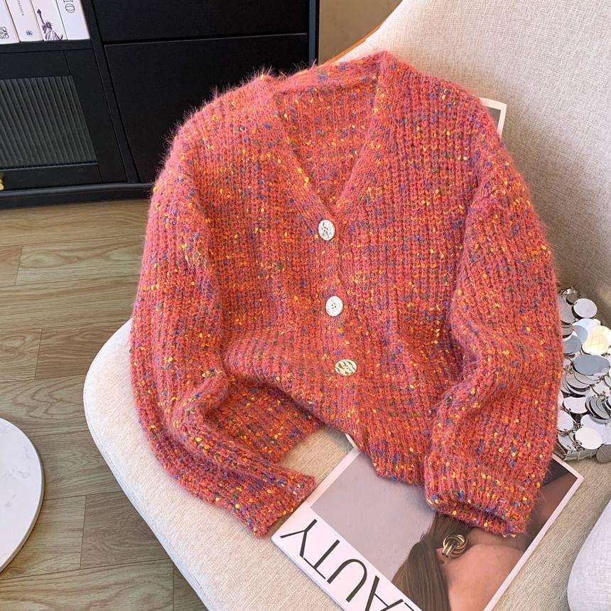 V-Neck Melange Button-Up Crop Cardigan Product Image