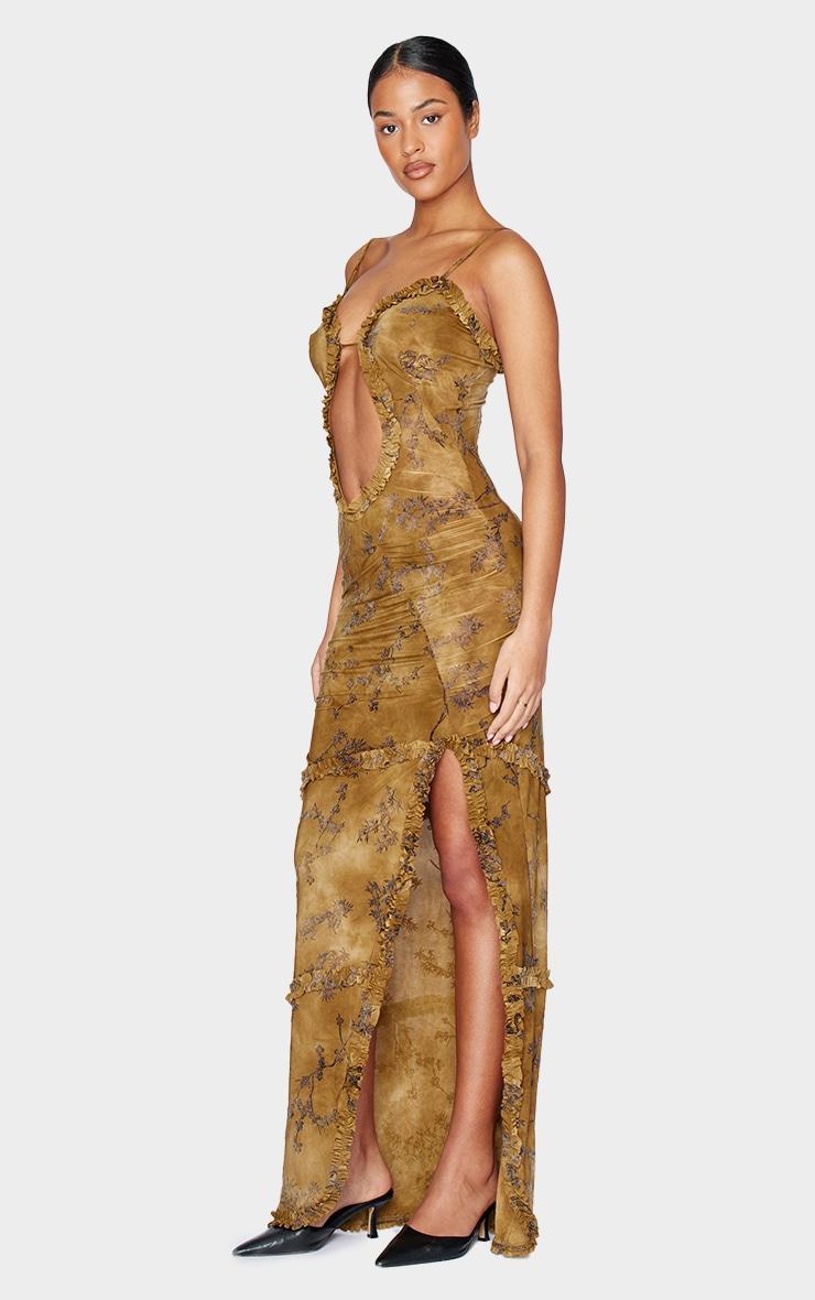 Tall Green Floral Printed Devore Cut Out Cami Spilt Hem Maxi Dress Product Image